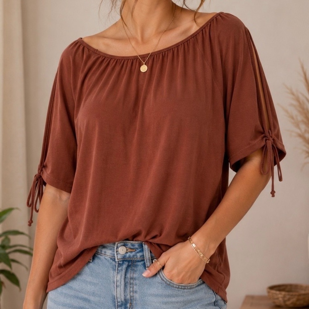 Green Envelope Los Angeles Rust Tie Sleeve Boat Neck Soft Knit Blouse Women's L